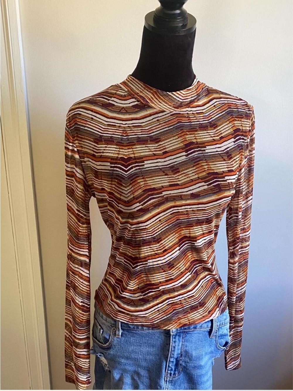 Long Sleeve Striped Mock Neck Top in Rust Multi